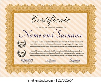 Orange Certificate or diploma template. Cordial design. With complex background. Detailed. 