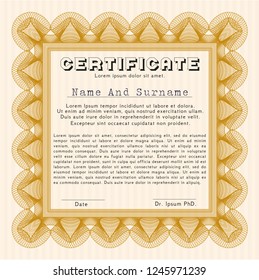 Orange Certificate or diploma template. Customizable, Easy to edit and change colors. With complex background. Retro design. 