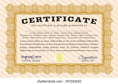 Orange Certificate or diploma template. Customizable, Easy to edit and change colors. With great quality guilloche pattern. Money Pattern. 