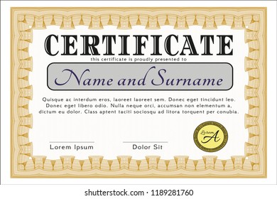 Orange Certificate or diploma template. Detailed. With guilloche pattern and background. Superior design. 