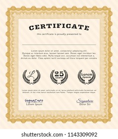 Orange Certificate or diploma template. Easy to print. Vector illustration. Money style design. 