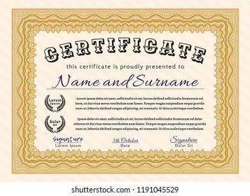 Orange Certificate or diploma template. Easy to print. Modern design. Vector illustration. 