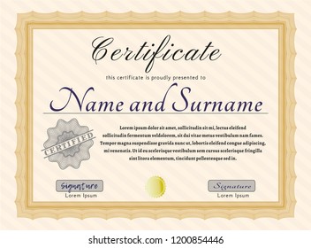 Orange Certificate or diploma template. Easy to print. Detailed. Money style design. 