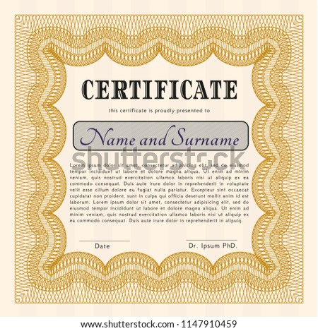 Orange Certificate or diploma template. Easy to print. Vector illustration. Nice design. 