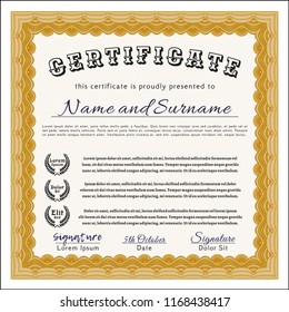 Orange Certificate or diploma template. Elegant design. With guilloche pattern. Customizable, Easy to edit and change colors. 
