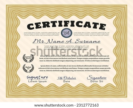 Orange Certificate or diploma template.  Elegant design.  With guilloche pattern.  Detailed. 