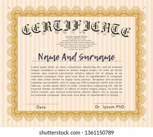 Orange Certificate or diploma template. Excellent design. With complex background. Detailed. 