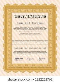 Orange Certificate or diploma template. With great quality guilloche pattern. Excellent design. Detailed. 