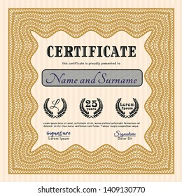 Orange Certificate or diploma template. With great quality guilloche pattern. Nice design. Vector illustration. 