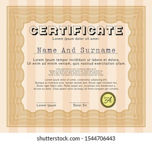 Orange Certificate or diploma template. With great quality guilloche pattern. Artistry design. Customizable, Easy to edit and change colors. 