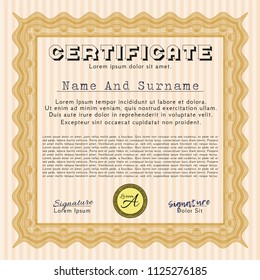 Orange Certificate or diploma template. With guilloche pattern. Perfect design. Customizable, Easy to edit and change colors. 