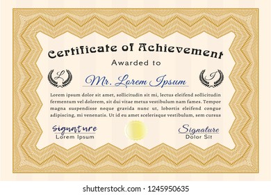 Orange Certificate or diploma template. With guilloche pattern and background. Perfect design. Detailed. 
