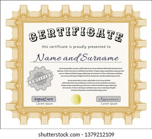 Orange Certificate or diploma template. With guilloche pattern and background. Vector illustration. Lovely design. 
