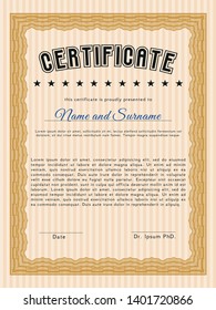 Orange Certificate or diploma template. With guilloche pattern. Money style design. Detailed. 