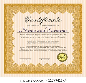 Orange Certificate or diploma template. With linear background. Vector illustration. Modern design. 