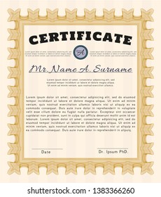 Orange Certificate or diploma template. With linear background. Vector illustration. Sophisticated design. 