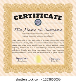 Orange Certificate or diploma template. Modern design. With guilloche pattern and background. Customizable, Easy to edit and change colors. 