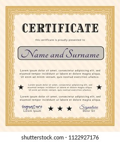 Orange Certificate or diploma template. Money style design. Customizable, Easy to edit and change colors. With guilloche pattern and background. 