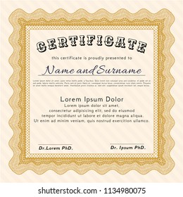 Orange Certificate or diploma template. Nice design. Detailed. With background. 
