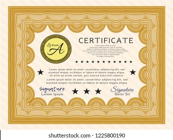 Orange Certificate or diploma template. Nice design. With guilloche pattern. Vector illustration. 