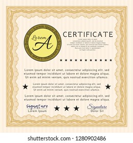 Orange Certificate or diploma template. Nice design. With great quality guilloche pattern. Detailed. 