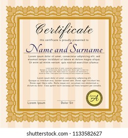 Orange Certificate or diploma template. Perfect design. Detailed. With linear background. 