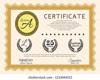 Orange Certificate or diploma template. Printer friendly. Money style design. Detailed. 