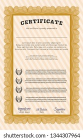 Orange Certificate or diploma template. Printer friendly. Vector illustration. Money Pattern. 