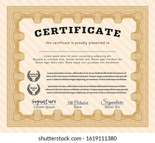 Orange Certificate or diploma template. Printer friendly. Vector illustration. Money Pattern design. 