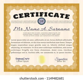 Orange Certificate or diploma template. Superior design. Customizable, Easy to edit and change colors. With guilloche pattern and background. 