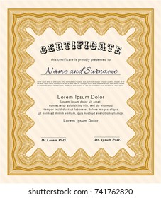 Orange Certificate or diploma template. Superior design. With complex background. Customizable, Easy to edit and change colors. 
