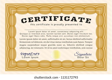 Orange Certificate or diploma template. Vector illustration. Printer friendly. Good design. 