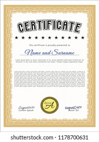 Orange Certificate or diploma template. Vector illustration. With great quality guilloche pattern. Sophisticated design. 