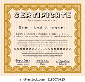 Orange Certificate or diploma template. Vector illustration. With guilloche pattern. Lovely design. 