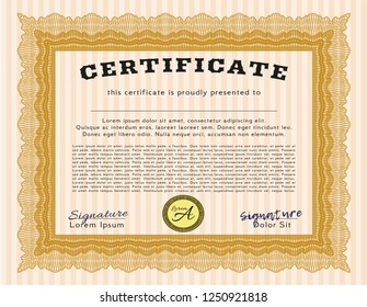 Orange Certificate or diploma template. Vector illustration. With great quality guilloche pattern. Perfect design. 