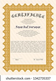 Orange Certificate or diploma template. Vector illustration. With complex linear background. Nice design. 