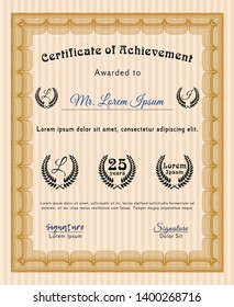 Orange Certificate or diploma template. Vector illustration. With background. Artistry design. 