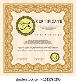 Orange Certificate or diploma template. Vector illustration. With complex linear background. Lovely design. 