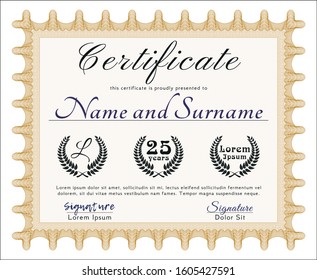 Orange Certificate or diploma template. Vector illustration. With complex background. Money style design. 