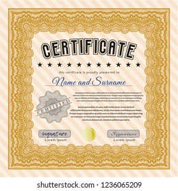 Orange Certificate. Excellent design. Vector illustration. With guilloche pattern. 