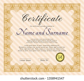 Orange Certificate. Excellent design. Vector illustration. With great quality guilloche pattern. 