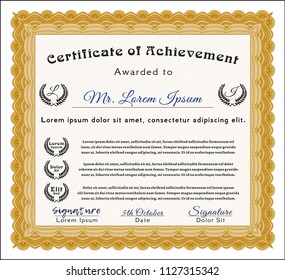 Orange Certificate. Good design. With great quality guilloche pattern. Vector illustration. 
