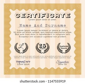 Orange Certificate. With great quality guilloche pattern. Modern design. Detailed. 