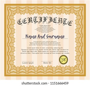 Orange Certificate. With guilloche pattern and background. Detailed. Money Pattern design. 