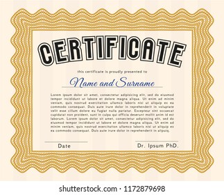 Orange Certificate. With guilloche pattern and background. Beauty design. Customizable, Easy to edit and change colors. 