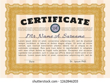 Orange Certificate. With guilloche pattern and background. Vector illustration. Artistry design. 
