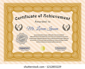 Orange Certificate. With guilloche pattern. Detailed. Artistry design. 
