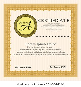 Orange Certificate. With guilloche pattern. Sophisticated design. Vector illustration. 