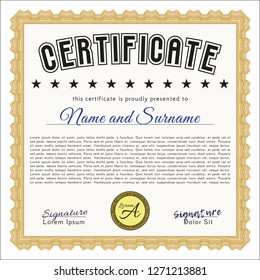 Orange Certificate. With guilloche pattern. Vector illustration. Nice design. 