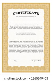 Orange Certificate. Money design. With great quality guilloche pattern. Vector illustration. 